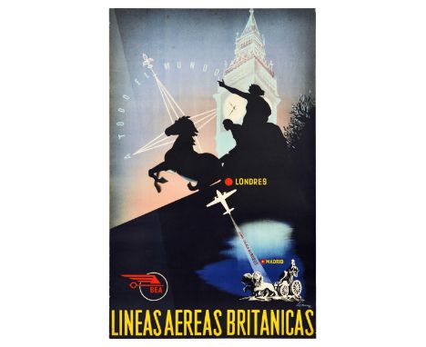 Original vintage travel advertising poster issued by BEA - Lineas Aereas Britanicas - featuring a stunning design showing a p