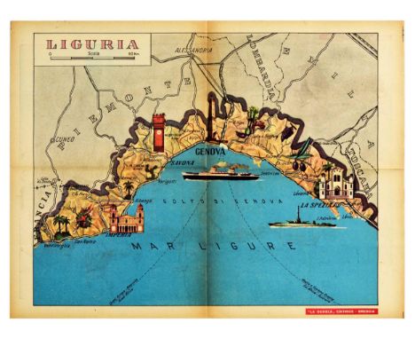 Original vintage poster featuring a map of Liguria in northwestern Italy. On the Ligurian sea, the region is bordered by Fran