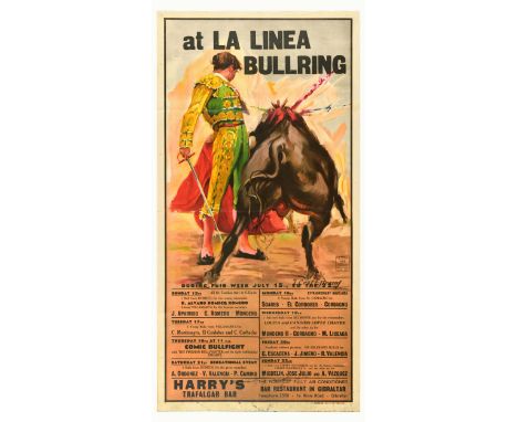 Original vintage advertising poster for bullfighting events at La Linea Bullring featuring a dynamic image of a bull charing 