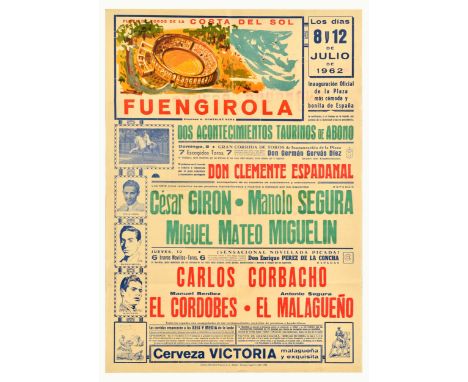 Original vintage advertising poster for bullfighting events at Bullring of the Costa del Sol Fuengirola on 8 July 1962, with 