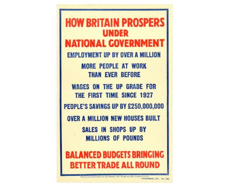 Original vintage propaganda poster - How Britain prospers under National Government. Employment up by over a million. More pe