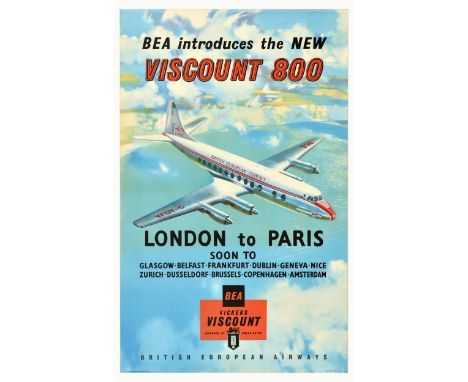 Original vintage travel advertising poster for British European Airline - BEA Introduces the NEW Viscount 800. London to Pari