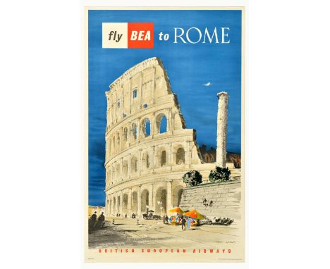 Original vintage British European Airways BEA travel poster advertising flights to Rome Italy. Great design by Hugh Casson (1