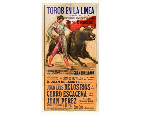 Original vintage advertising poster for Toros En La Linea / Bulls in the line (Bahia del Sol) bullfighting event, featuring a