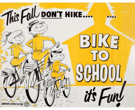 Original vintage poster - This Fall don't hike ... Bike to school it's Fun! - featuring a great illustration in yellow, black