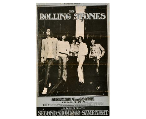 Original vintage music advertising poster for the Rolling Stones show at Oakland Coliseum, featuring a black and white photog