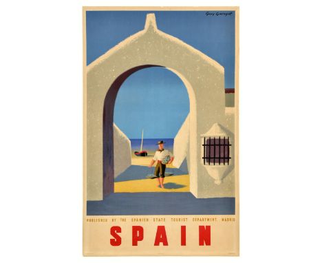 Original vintage travel poster for Spain featuring a great mid-century modern design by Guy Georget (1911-1992) depicting a f