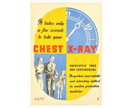 Original vintage health propaganda poster - It takes only a few seconds to take your chest x-ray. Absolutely free and confide