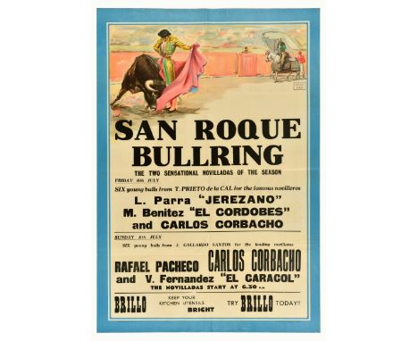 Original vintage advertising poster for San Roque Bullring bullfighting events - two sensational novilladas of the season, Fr