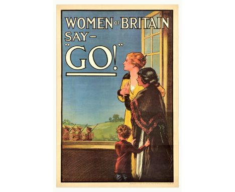 Vintage offset lithograph reproduction for a World War One recruitment poster - Women of Britain Say - Go! - featuring two la