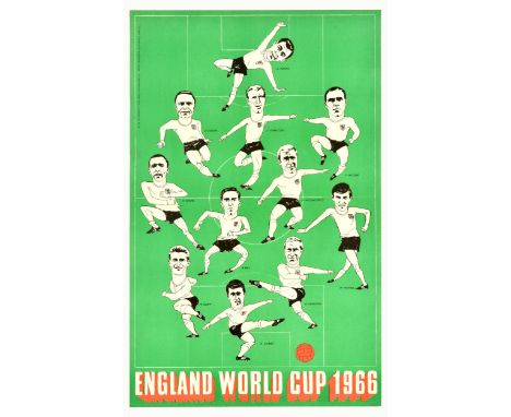 Original vintage sport poster for England World Cup 1966 featuring a caricature illustration of football players on the green