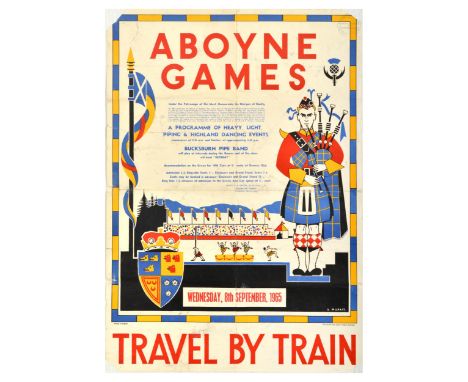 Original vintage advertising poster for Aboyne Games, featuring an illustration of a piper in a blue and yellow kilt playing 