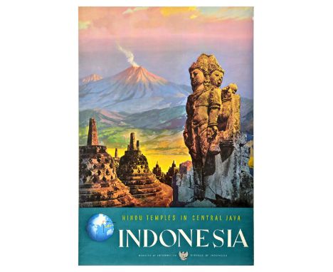 Original vintage travel advertising poster published by the Ministry of Information of the Republic of Indonesia featuring a 