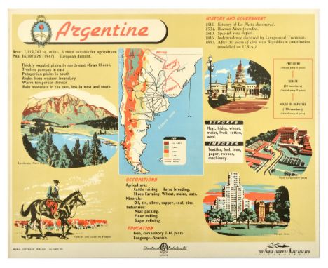 Original vintage travel poster for Argentina / Argentine featuring illustrations depicting the River Negro landscape, Gaucho 