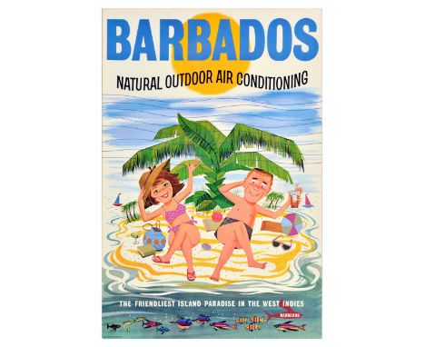 Original vintage travel poster promoting tourism to Barbados Natural Outdoor Air Conditioning - The friendliest island paradi