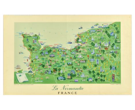 Original vintage travel poster La Normandie / Normandy featuring a map of the area with the churches, castles, chateaus, area