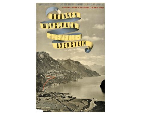Original vintage travel poster for Lake of Lucerne cog wheel railway connecting Brunnen, Morschach, Axenfels and Axenstein, f