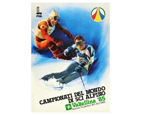 Original vintage sports poster for Valtellina '85 Campionati del Mondo Di Sci Alpino - FIS Alpine World Ski Championships hel