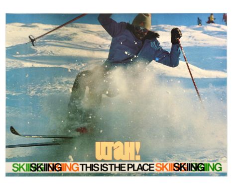 Original vintage sports poster - Utah! This is the place - featuring a photograph of a skier going down the slope. Horizontal