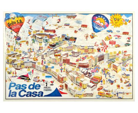 Original vintage travel poster for Pas de la Casa in Andorra, featuring a fun pictorial map-style design showing colourful ho