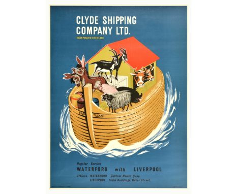 Original vintage advertising poster for Clyde Shipping Company LTD. featuring a creative illustration of Noah's arc named Tus