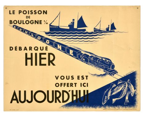 Original vintage advertising poster for Boulogne Fish / Le Poisson de Boulogne , featuring an illustration of fishing ships o