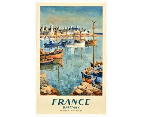 Original vintage travel advertising poster by French National Railways SNCF Brittany featuring a great illustration of boats 