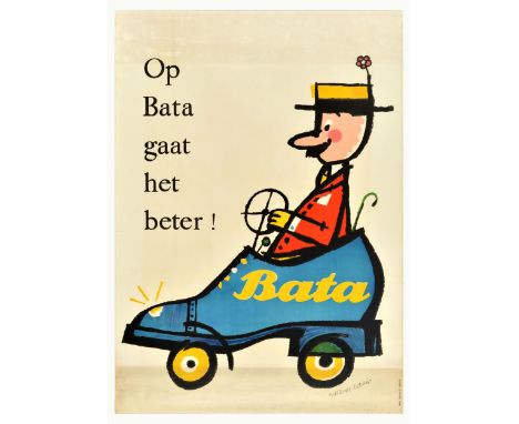Original vintage advertising poster for Bata footwear featuring a fun colourful illustration by the notable Swiss graphic des