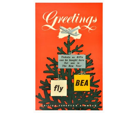 Original vintage travel poster for British European Airways BEA - Greetings. Tickets as Gifts can be bought here for use in T