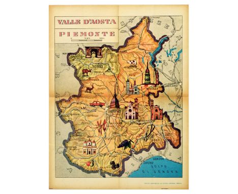 Original vintage poster featuring a map of the Aosta Valley  Val dAosta and Piedmont Piemonte in Northwest Italy. The map is 