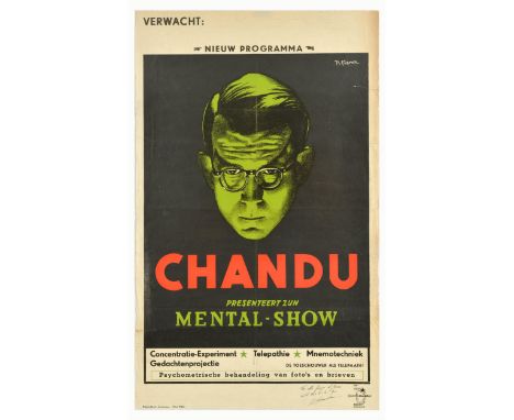 Original vintage performer signed advertising poster for Chandu Mental Show with concentration experiment, telepathy, mnemoni