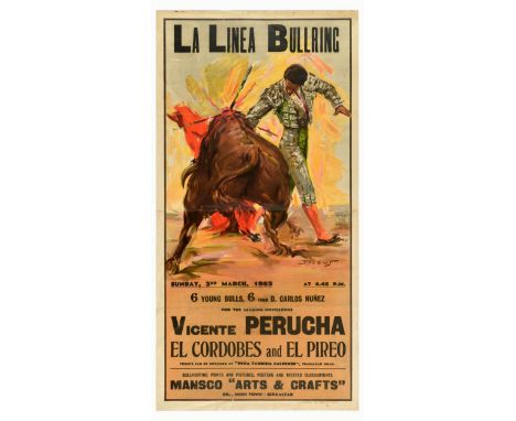 Original vintage advertising poster for La Linea Bullring Sunday, 3rd March 1963 6 young bulls, 6 from D. Carlos Nunez for th