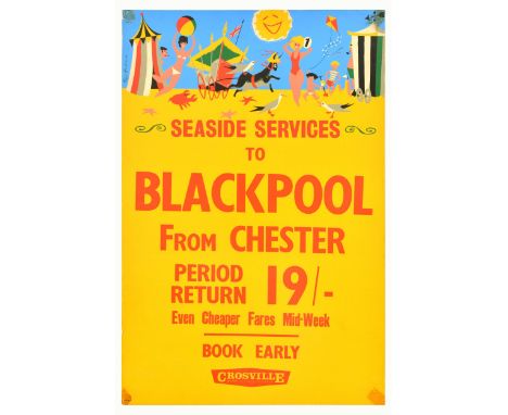 Original vintage travel poster - Seaside services to Blackpool from Chester - by Crosville Motor Servies Limited, featuring a