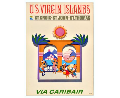 Original vintage travel poster promoting tourism to U.S. Virgin Islands St. Croix - St. John - St. Thomas via Caribair featur