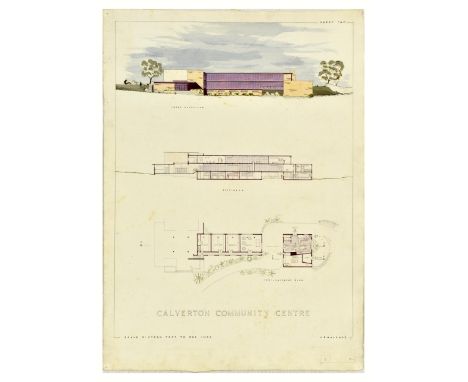 Original vintage Calverton Community Centre architectural design drawing featuring images of the building's front elevation, 