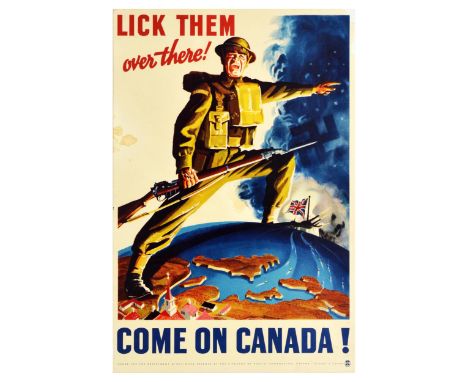 Original vintage Canadian World War II propaganda poster titled Lick Them Over There! Come On Canada! The image shows a Canad