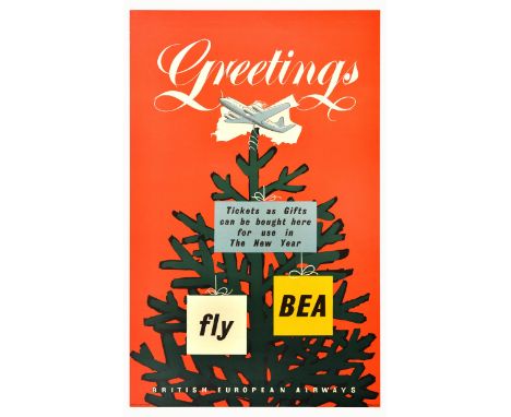 Original vintage travel poster for British European Airways BEA - Greetings. Tickets as Gifts can be bought here for use in T