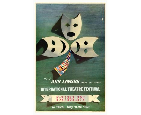 Original vintage travel advertising poster - Fly Aer Lingus Irish Air Lines - International Theatre Festival Dublin An Tostal