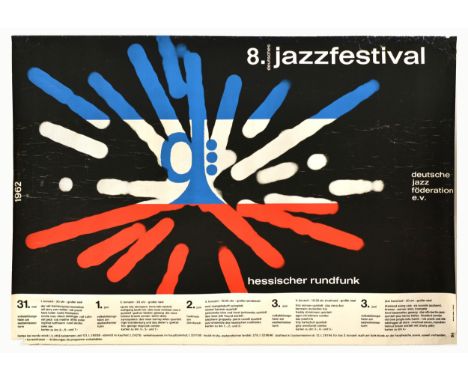 Original vintage advertising poster for 8. Deutsche Jazzfestival / German Jazz Festival, featuring an illustration of a trump