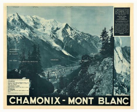 Original vintage travel poster for Chamonix Mont Blanc featuring a photograph depicting the snowy mountain and houses below i