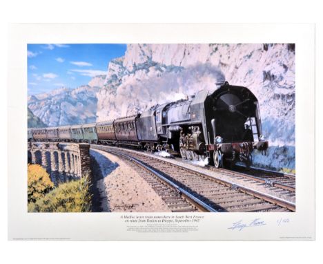 Set of 6 original vintage posters with images of steam trains and sailing ships.  1. Steam train going on the tracks towards 