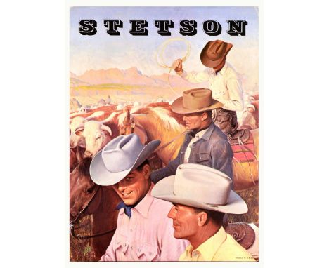 Original vintage advertising poster for Stetson hats featuring a Western illustration painted by celebrated American West pai