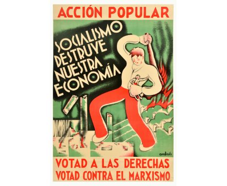 Original vintage propaganda poster - Popular Action. Socialism destroys our economy. Vote right-wing, vote against Marxism / 