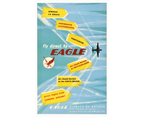 Original vintage travel advertising poster for Eagle Airways of Britain - fly direct by Eagle, featuring an illustration of a