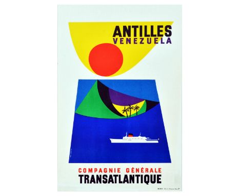 Original vintage travel poster for Antilles Venezuela issued by the Compagnie Generale Transatlantique featuring a colourful 