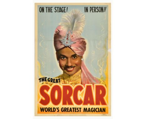 Original vintage advertising poster for The Great Sorcar World's Greatest Magician, featuring an illustration of a smiling ge