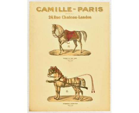 Original antique advertising poster for a French manufacturer of horse harnesses and saddles Camille - Paris at 24 Rue Chatea