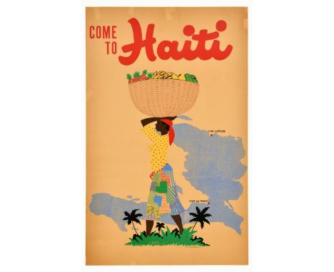 Original vintage travel advertising poster Come to Haiti featuring a great design depicting a lady in a colourful patchwork s