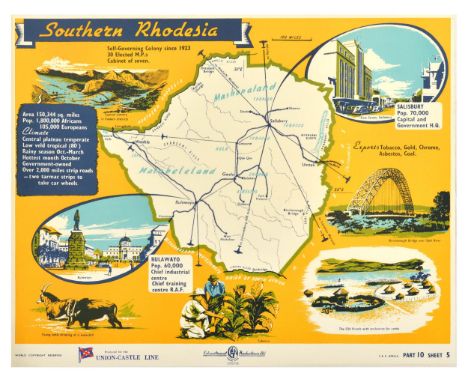 Original vintage travel poster for Southern Rhodesia with statistics on the area, population, climate, major history and gove