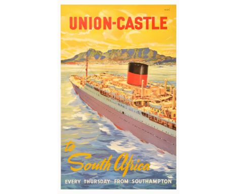 Original vintage travel poster advertising sailings every Thursday from Southampton to South Africa with Union-Castle cruise 